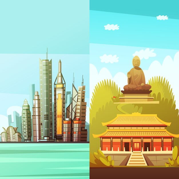 Banners verticales de Hong Kong con imágenes coloridas de la arquitectura tradicional del este y estatua de grandes