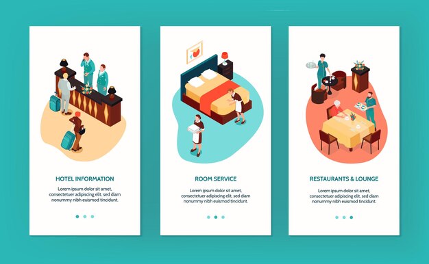 Banners verticales de hotel con recepción, servicio de habitaciones, restaurante y salón, composiciones isométricas aisladas
