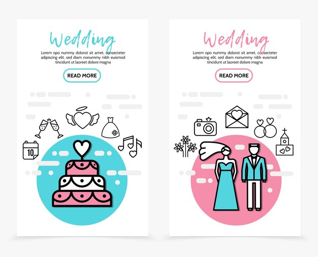 Banners verticales de los iconos de línea de boda