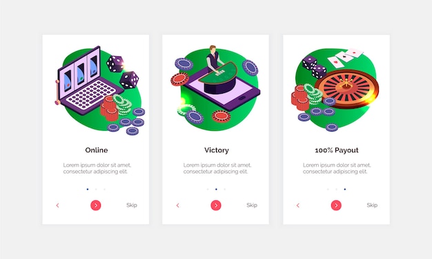 Banners verticales isométricos de casino en línea con chips de tableta portátil, tarjetas de dados, rueda, pancartas aisladas 3d
