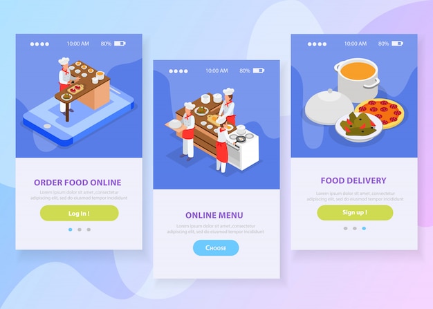 Vector gratuito banners verticales isométricos de entrega de alimentos en línea con chefs que cocinan platos italianos ilustración de vector aislado 3d