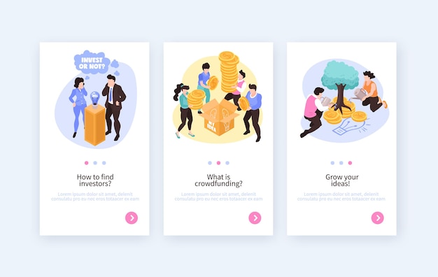 Vector gratuito banners verticales isométricos de financiación colectiva con ilustración de ideas en crecimiento