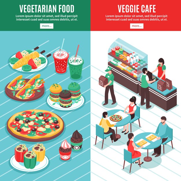 Banners verticales isométricos vegetarianos