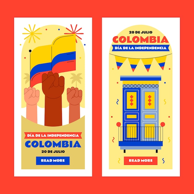 Banners verticales planos del 20 de julio con puños y ventana.