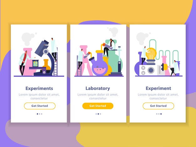Banners verticales planos de laboratorio de ciencias con personajes humanos durante experimentos, investigaciones e innovación