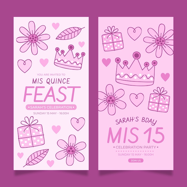 Banners verticales de quinceañera florales dibujados a mano