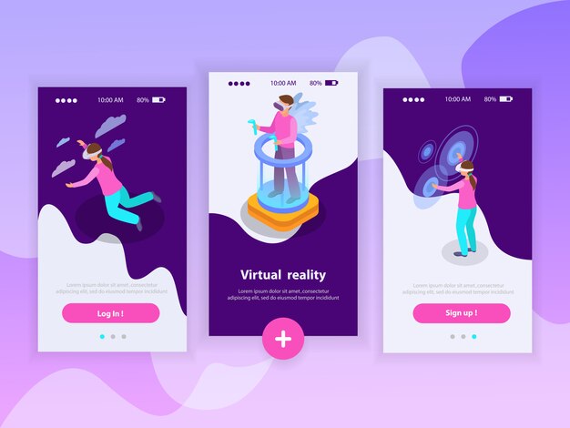 Banners verticales de realidad aumentada establecidos con personas que usan gafas de realidad aumentada isométrica ilustración aislada