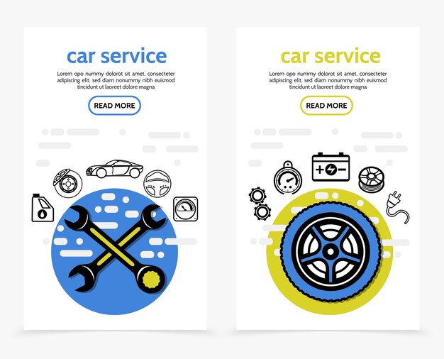 Banners verticales de servicio de automóvil con llaves, aceite de motor, disco de freno, velocímetro del volante del automóvil