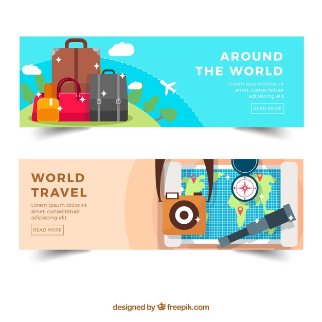 Banners de viaje alrededor del mundo con equipaje y mapa