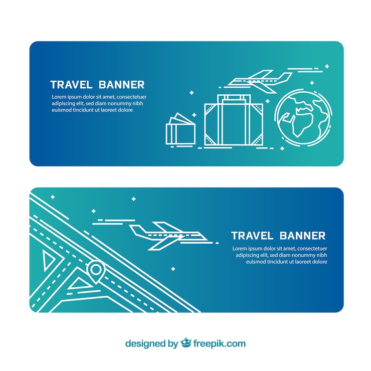 Vector gratuito banners de viaje con avión y equipaje dibujados a mano