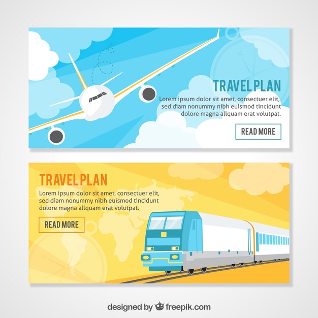 Banners de viaje con avión y tren 