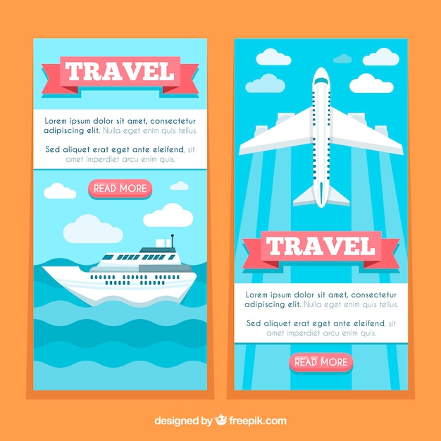 Banners de viaje con crucero y avión