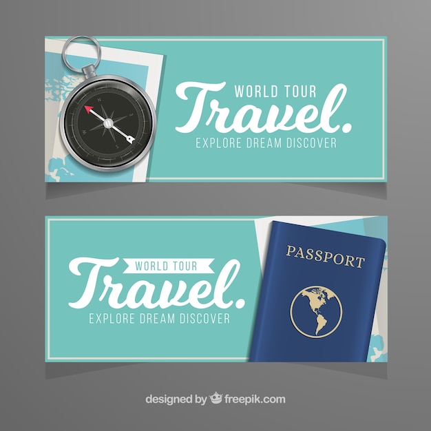 Vector gratuito banners de viaje con pasaporte y brújula