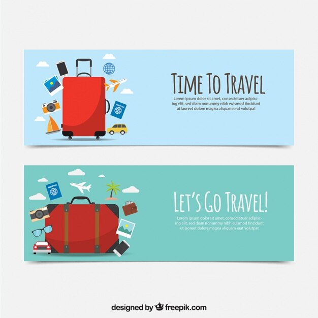Banners de viaje planos con maleta roja