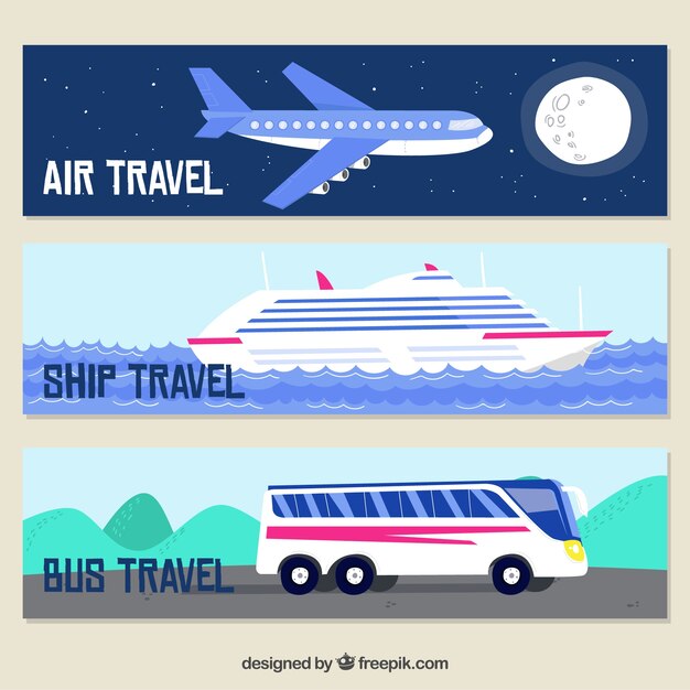 Banners de viaje con transportes dibujados a mano