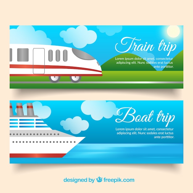 Vector gratuito banners de viaje en tren y barco