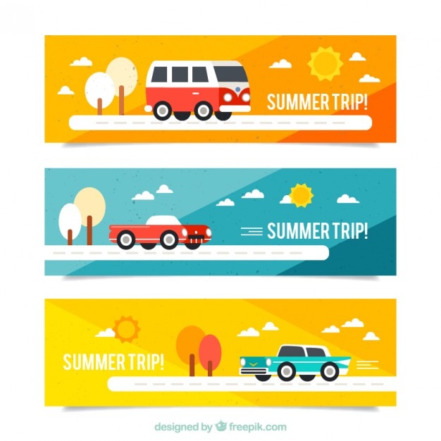 Vector gratuito banners de viaje de verano con transportes