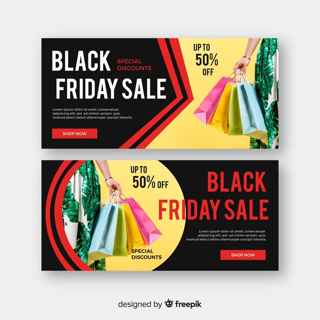 Banners de viernes negro de diseño plano con foto