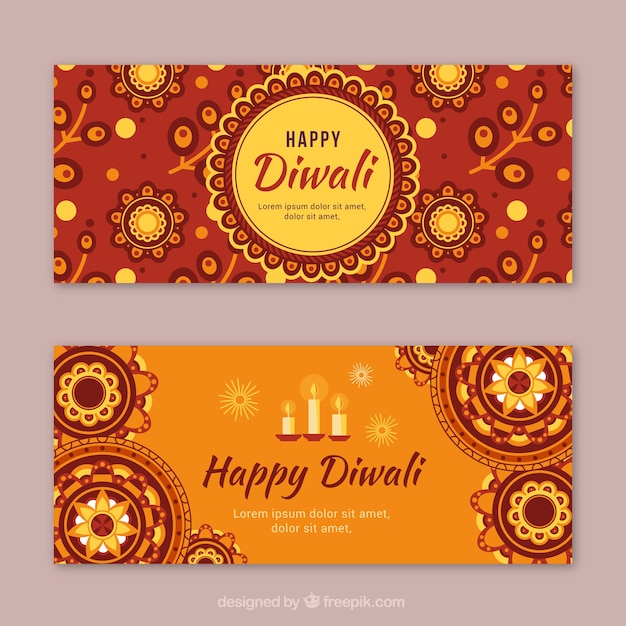 Vector gratuito banners vintage con flores de feliz diwali