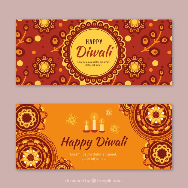Banners vintage con flores de feliz diwali