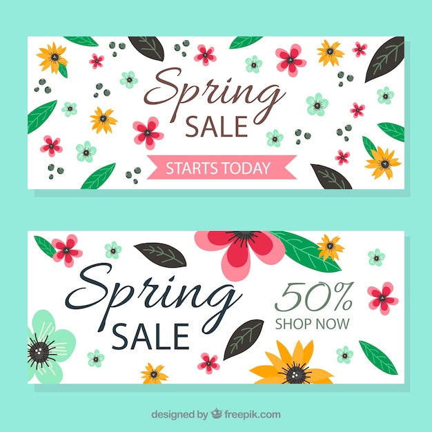 Banners vintage de rebajas de primavera con hojas y flores