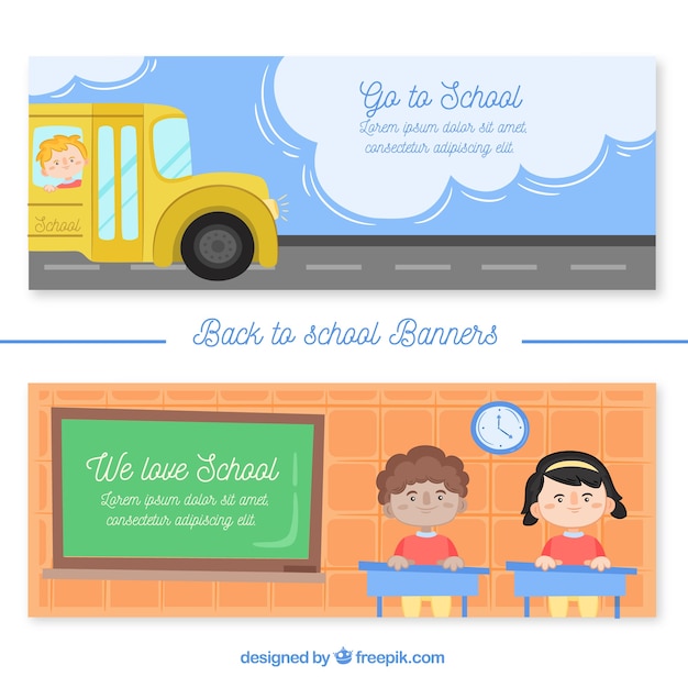 Vector gratuito banners de vuelta al cole con autobus y niños en la clase