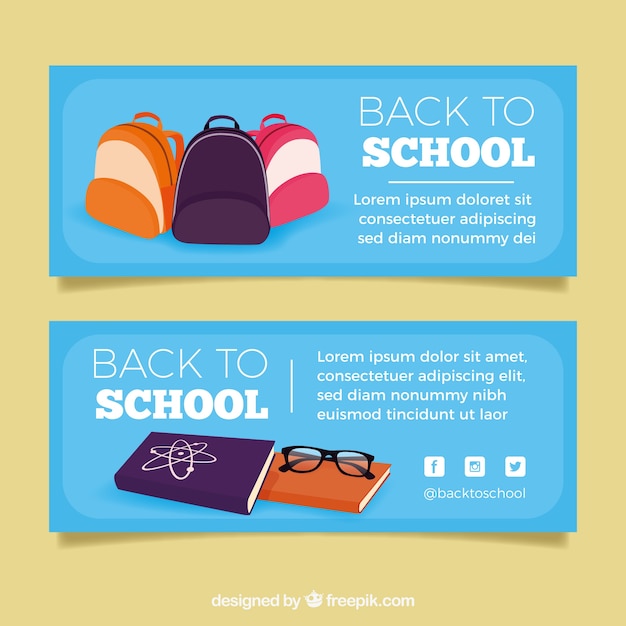 Vector gratuito banners para vuelta al cole en estilo flat con mochilas