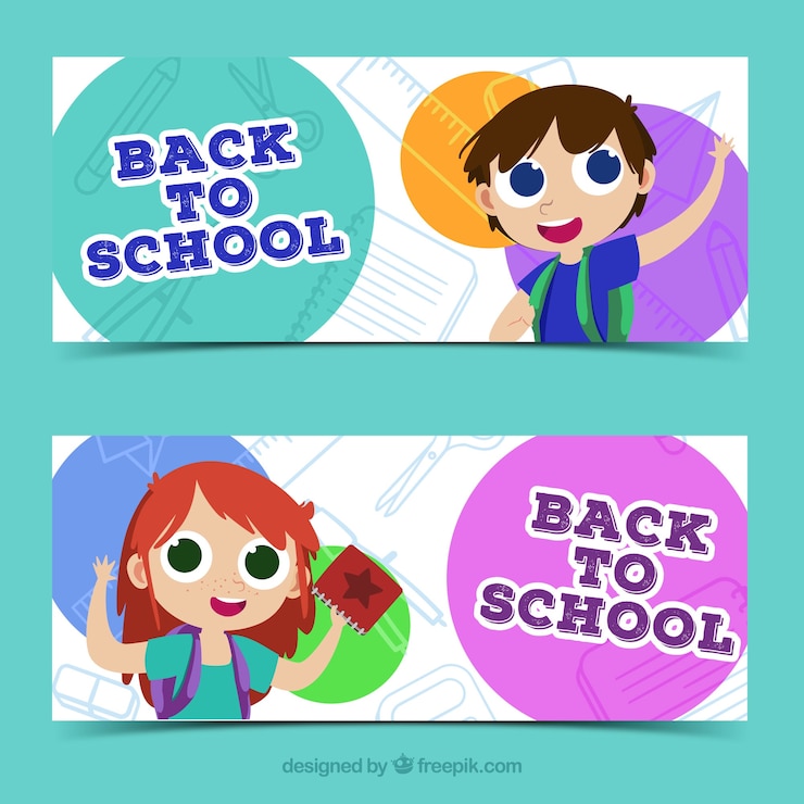 Vector gratuito banners de vuelta al colegio con estudiantes