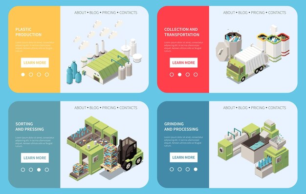Banners web de producción y reciclaje de plástico con planta de procesamiento de clasificación de camiones de basura presionando y moliendo ilustración vectorial aislada 3d
