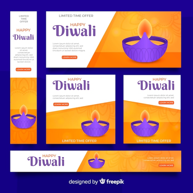 Banners web realistas de diwali con vela en un tazón