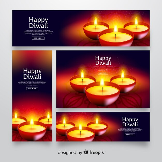 Banners web realistas de diwali con velas