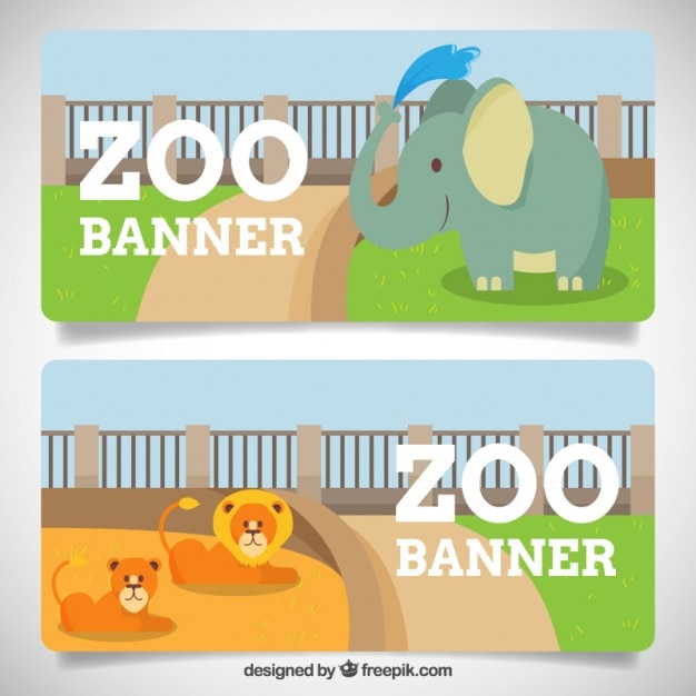 Vector gratuito banners de zoo con adorable elefante y leones