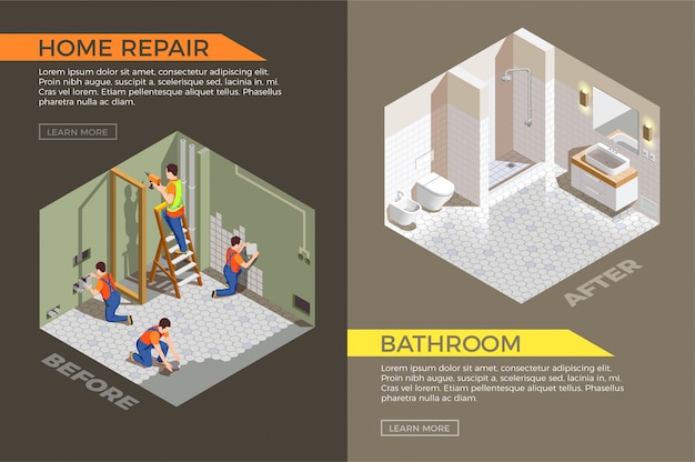 Vector gratuito baño antes y después de los trabajos de construcción.