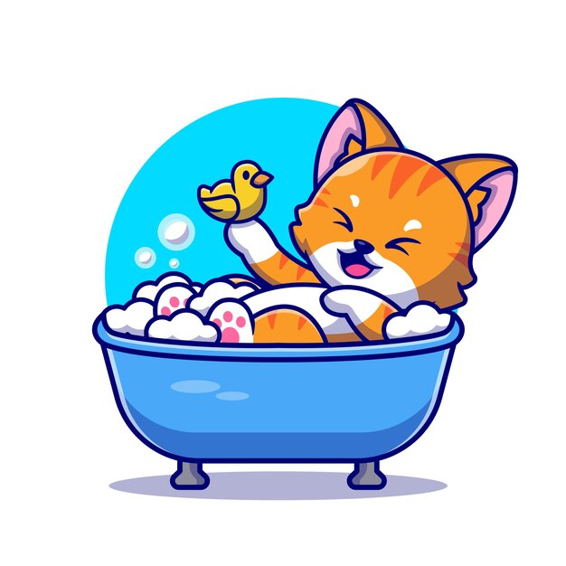 Baño de gato lindo en la bañera con ilustración de icono de dibujos animados de juguetes de pato.