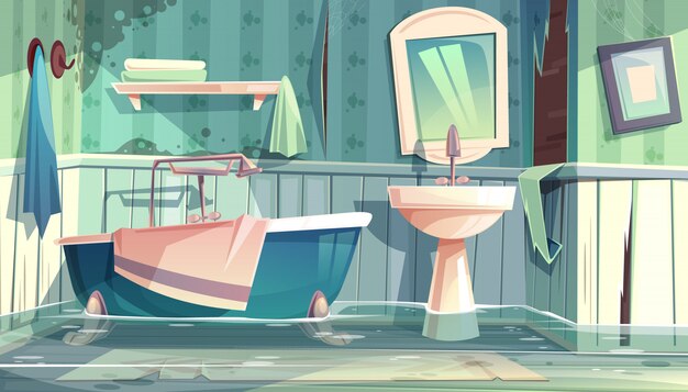 Baño inundado en apartamentos viejos o casa de dibujos animados ilustración con bañera vintage