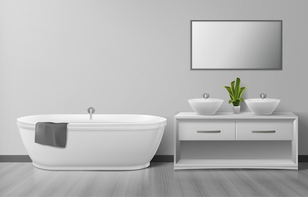 Baño realista con muebles blancos.