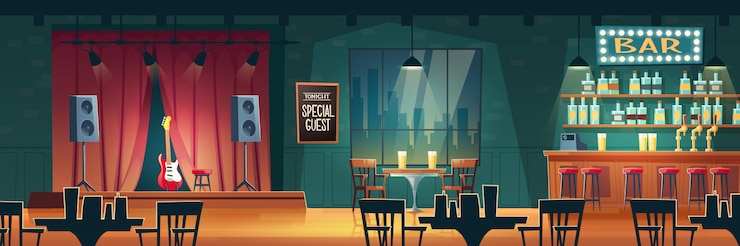 Vector gratuito bar de música, pub de cerveza con actuaciones en vivo interior de dibujos animados