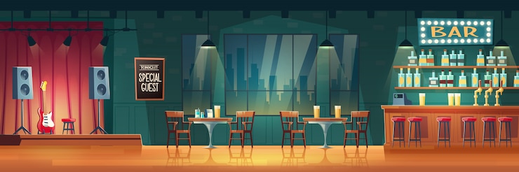 Vector gratuito bar o pub con interior de dibujos animados de música en vivo