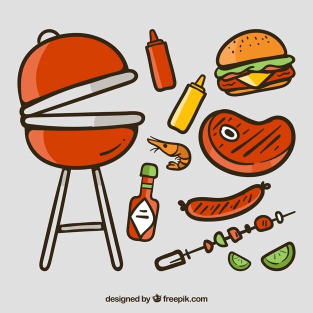Barbacoa dibujada a mano con comida sabrosa