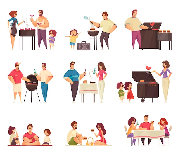 Barbacoa fiesta parrilla conjunto de composiciones aisladas con personajes de estilo de garabato plano de personas con ilustración de vector de barbacoa