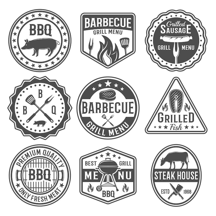 Vector gratuito barbacoa negro blanco emblemas