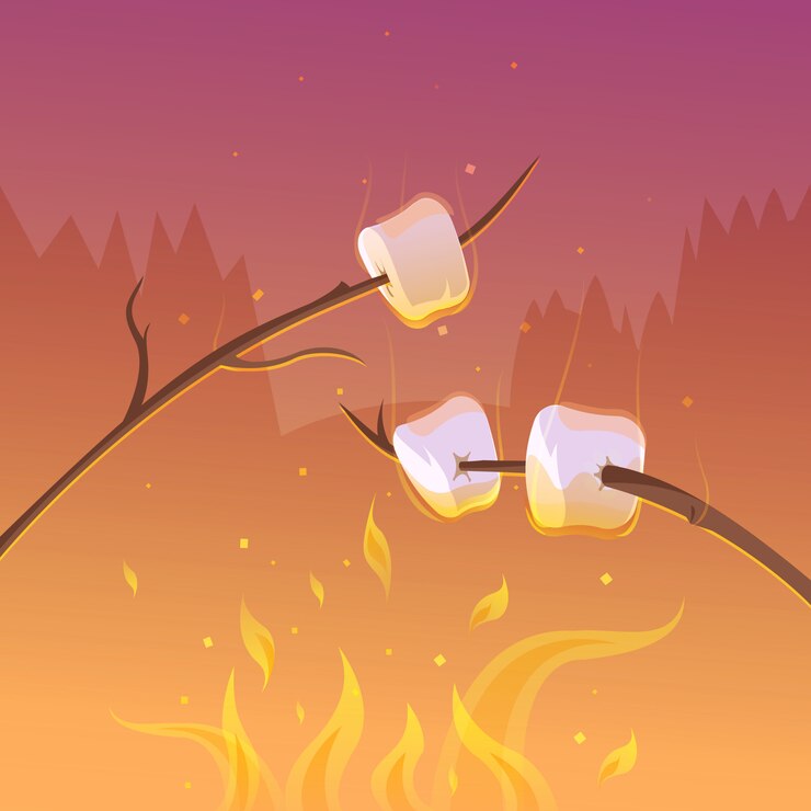 Vector gratuito barbacoa y senderismo en el fondo de dibujos animados de noche con palos y fuego ilustración vectorial