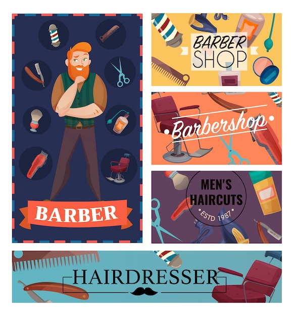 Vector gratuito barber shop cartoon tarjetas