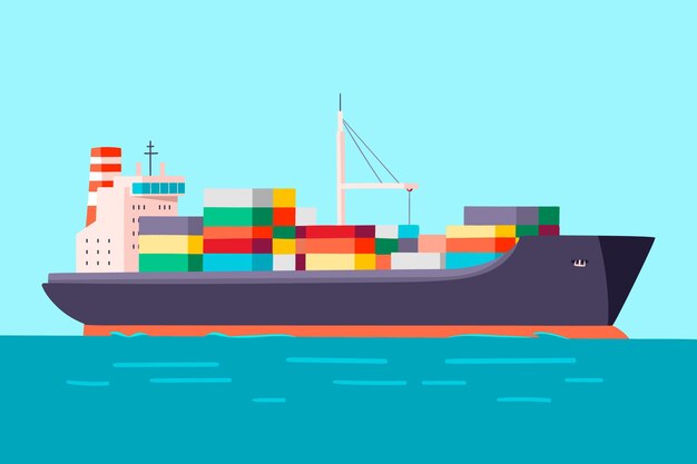Barco de contenedores dibujados a mano en el mar