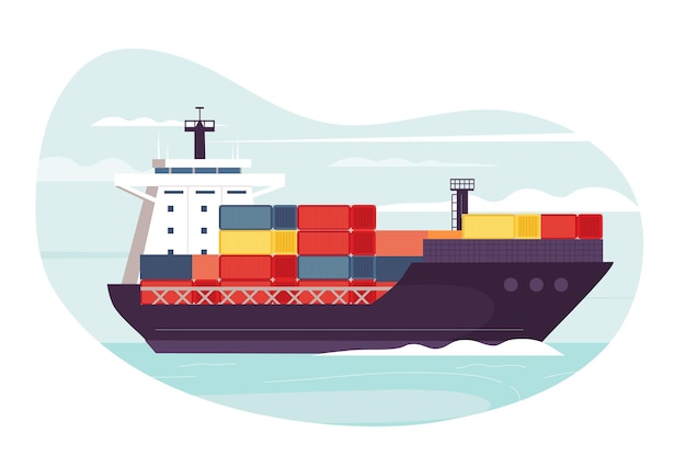 Barco de contenedores de diseño plano dibujado a mano