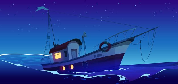 Barco de pesca en el mar o el océano por la noche