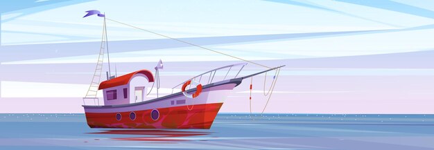 Barco de pescado en barco comercial de mar en vector de océano