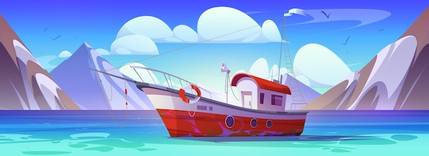 Barco pescador en la ilustración de dibujos animados de vector de mar