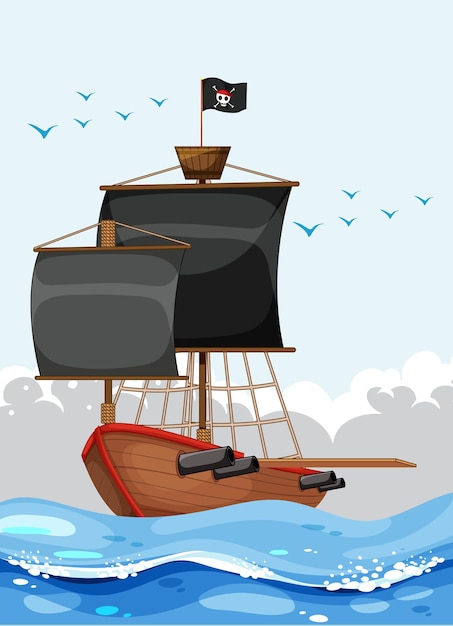 Un barco pirata con bandera jolly roger en el océano