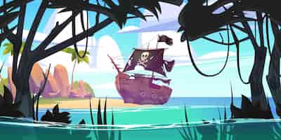 Vector gratuito barco pirata en barco filibustero de isla tropical